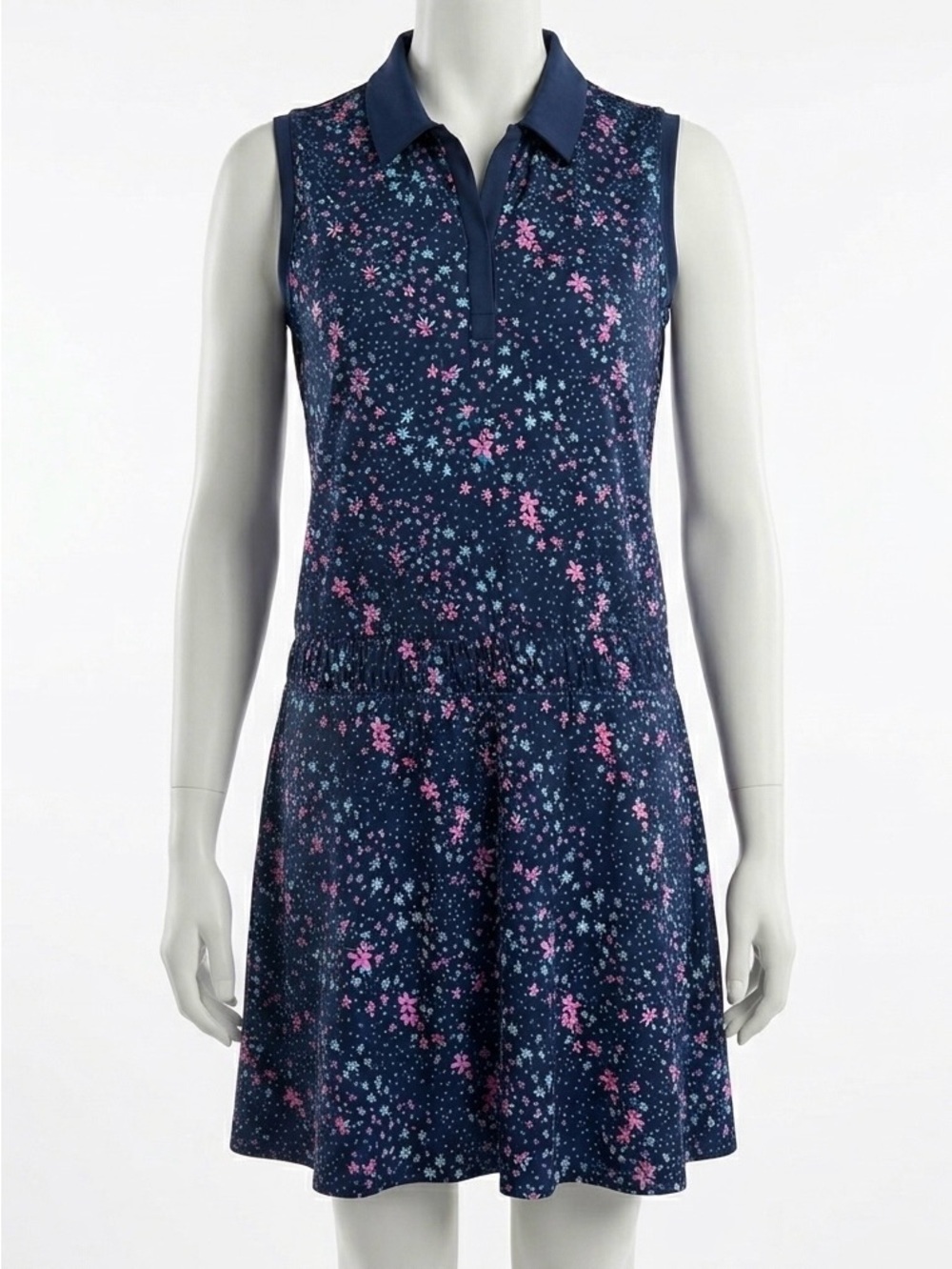 Callaway Opti-Dri Floral Sleeveless Golf Collared Dress Navy Blue Pink Medium